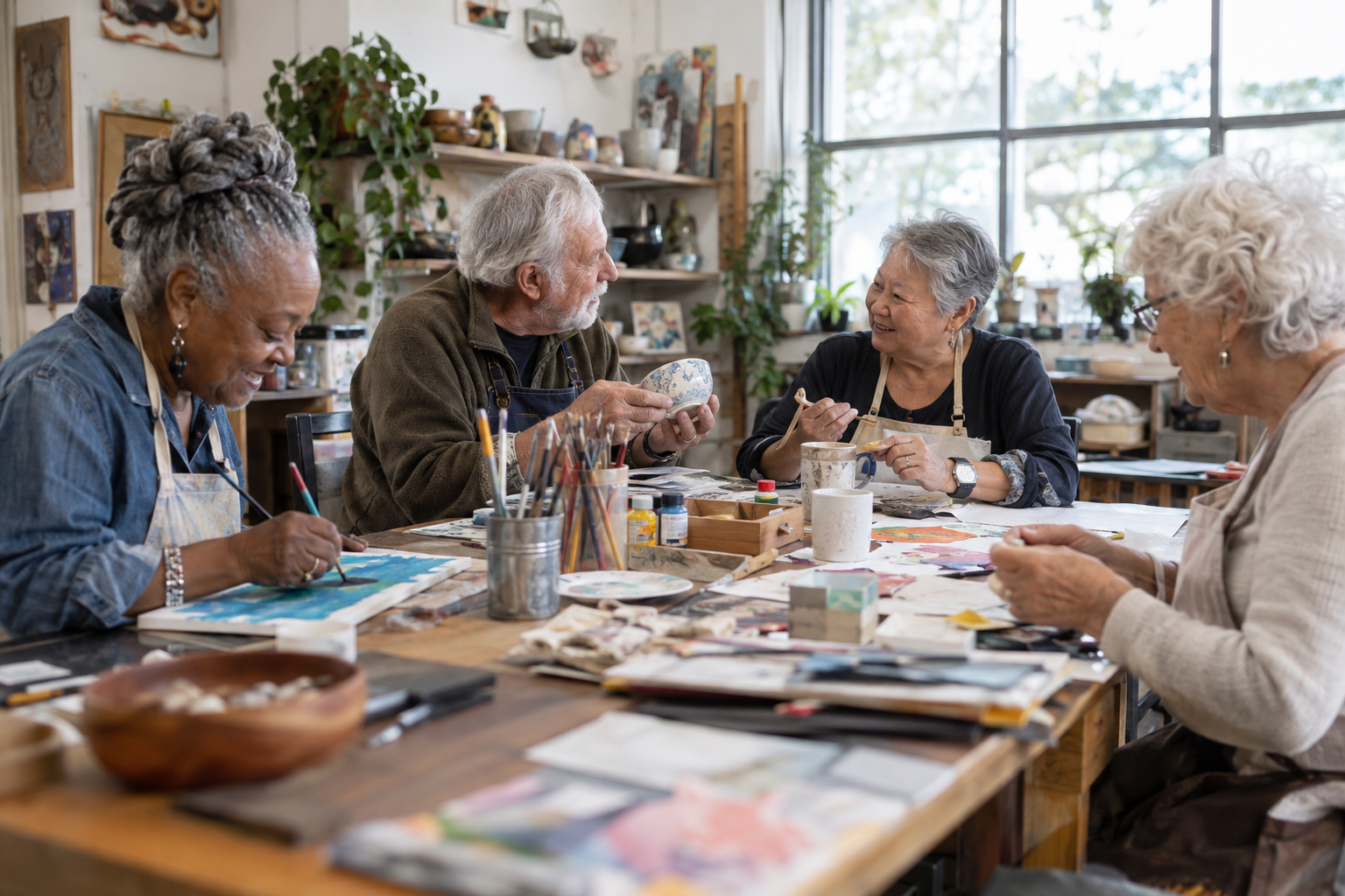 Older adults painting and enjoying time together in a community studio